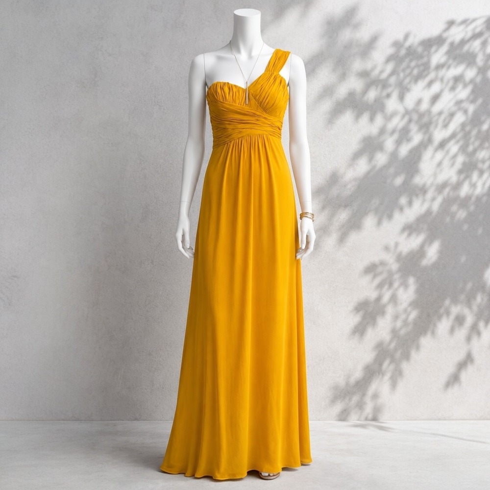 Ted Baker Silk Maxi Dress 2 / US XS Mustard Yellow One Shoulder Evening Gown